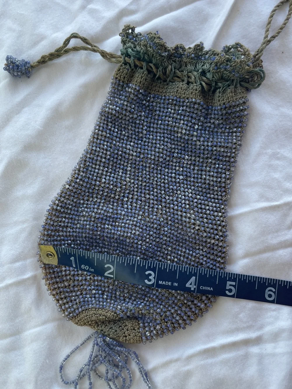 Antique Early 1900s Hand Beaded Crochet Reticule Purse Silk Lined